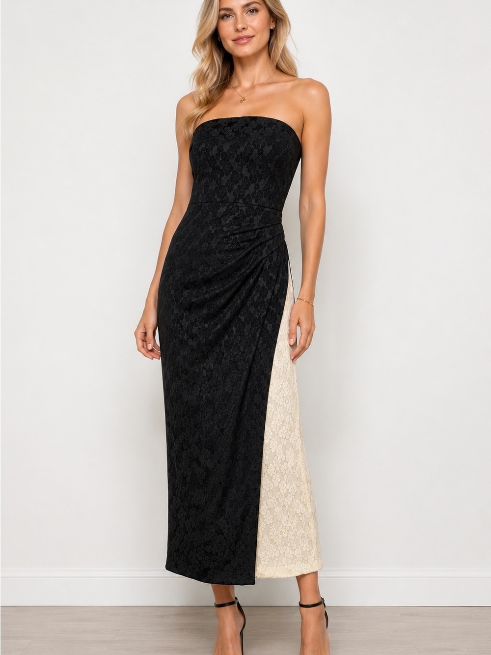 Maison Tara Dress Size 4 Black Strapless Dress with Cream Side Panel